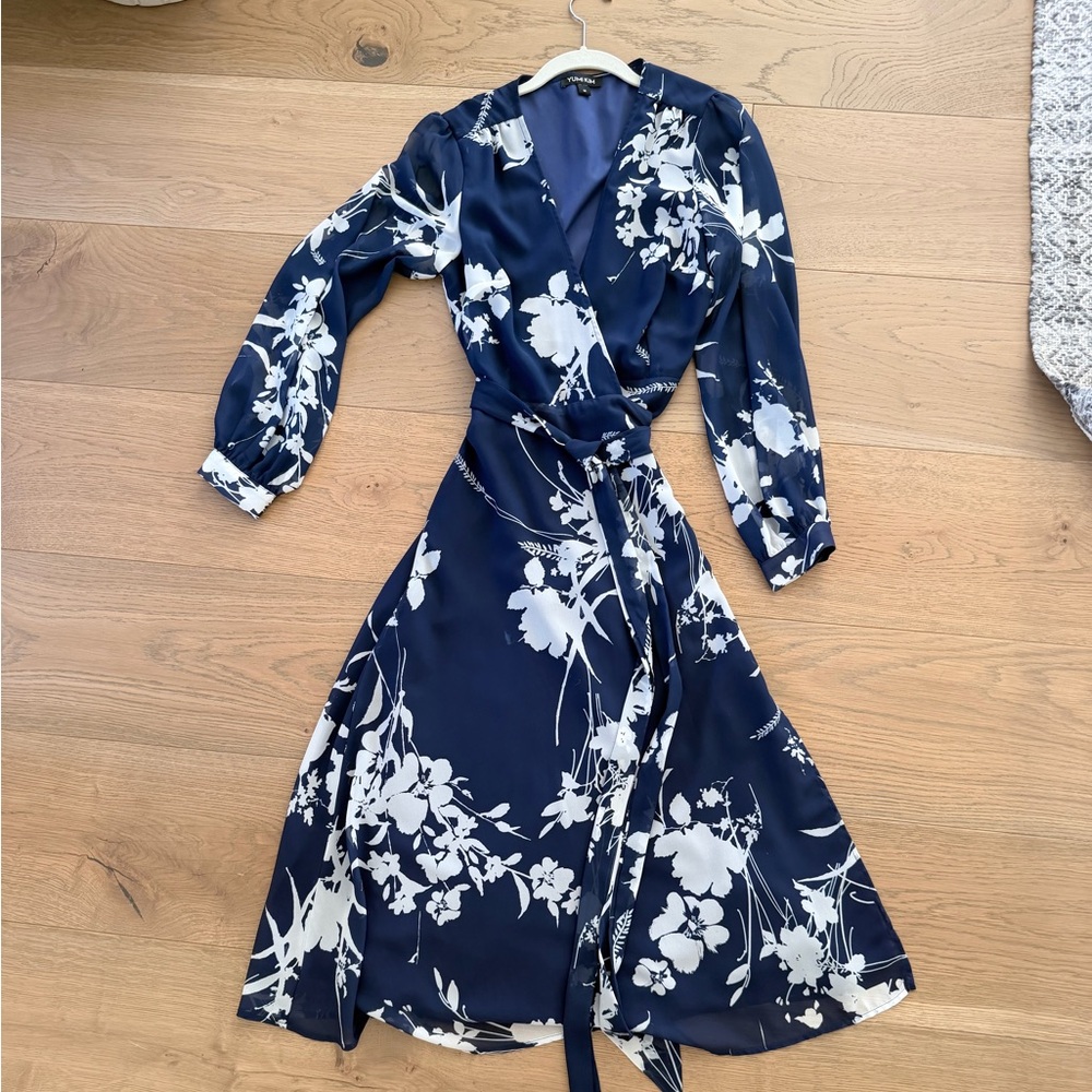 Yumi Kim Navy and White Floral Midi Wrap Dress